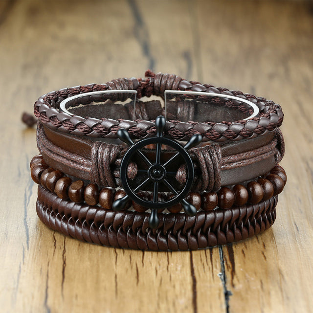 Brown Anchor 4Pc Set RB-1032 Leather Bracelets