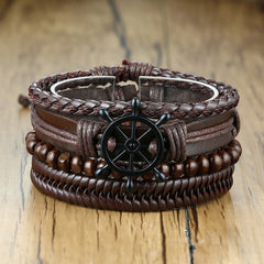 Brown Anchor 4Pc Set RB-1032 Leather Bracelets