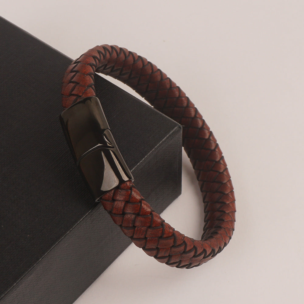 Brown Leather Black magnetic lock Leather Bracelet