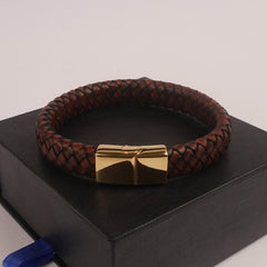 Brown Leather Golden magnetic lock Leather Bracelet
