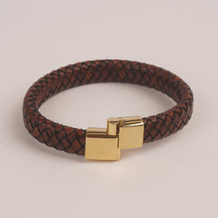 Brown Leather Golden magnetic lock Leather Bracelet