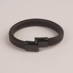Brown and Black Leather with Black magnetic lock Leather Bracelet