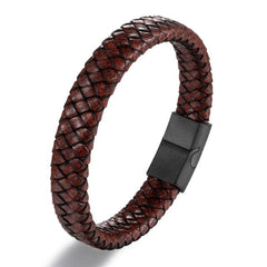 Brwon Braided Black Mangnetic Lock Leather Bracelet