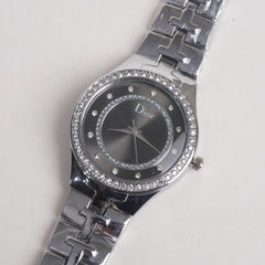 Women Stylish Chain Wrist Watch Silver With Black Dial