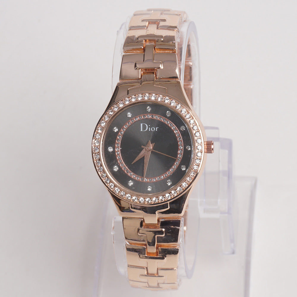 Women Stylish Chain Wrist Watch Rosegold With Black Dial