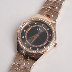 Women Stylish Chain Wrist Watch Rosegold With Black Dial