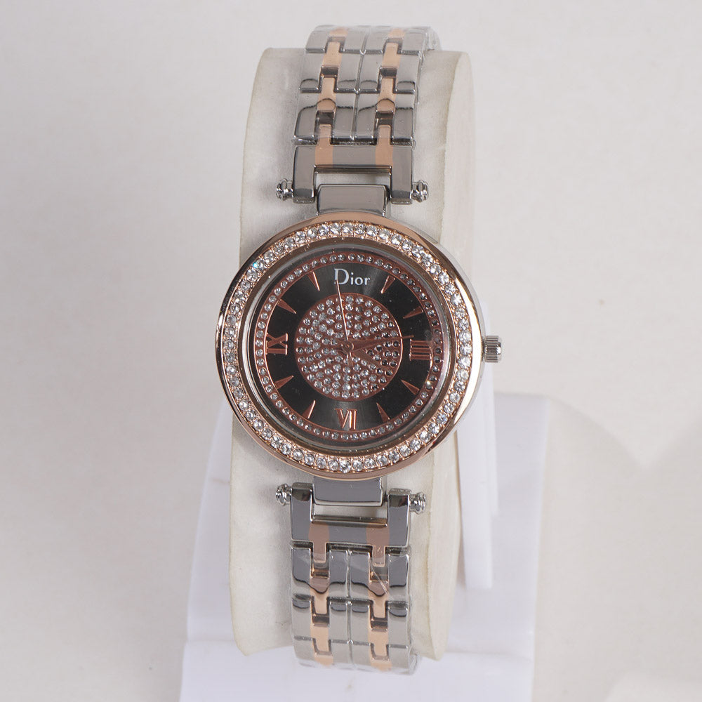 Two Tone Women Stylish Chain Wrist Watch Silver&Rosegold With Black Dial