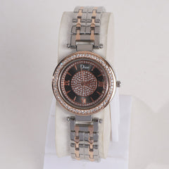 Two Tone Women Stylish Chain Wrist Watch Silver&Rosegold With Black Dial