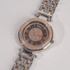 Two Tone Women Stylish Chain Wrist Watch Silver&Rosegold With Black Dial