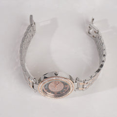 Two Tone Women Stylish Chain Wrist Watch Silver&Rosegold With Black Dial