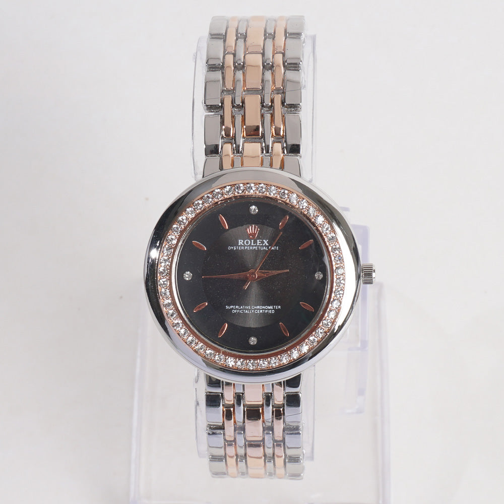 Women Chain Wrist Watch Two Tone Black R