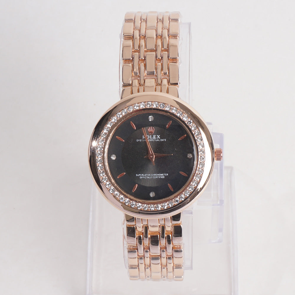 Women Chain Wrist Watch Rosegold With Black Dial R