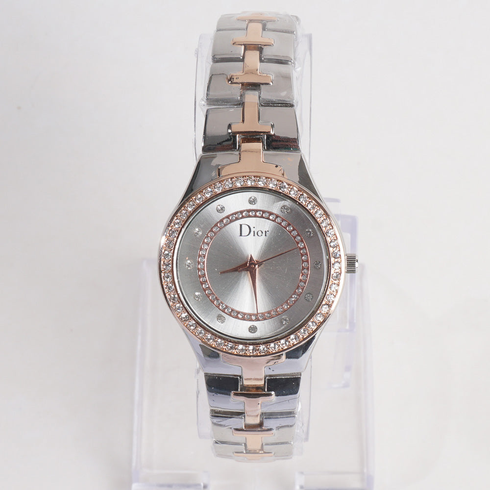 Two Tone Women Stylish Chain Wrist Watch White Dial