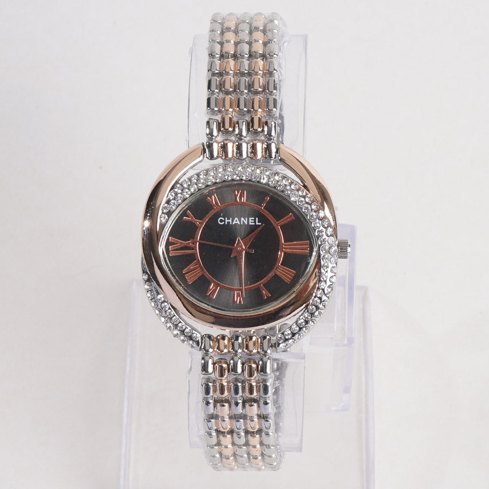 Women Chain Wrist Watch Two Tone With Black Dial C