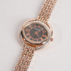 Women Chain Wrist Watch Rosegold With Black Dial C