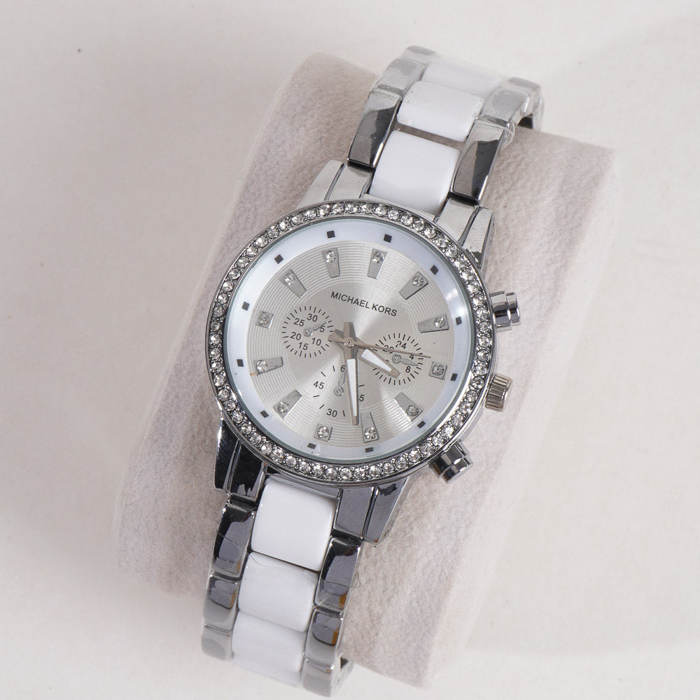 Women Chain Wrist Watch MK Silver White