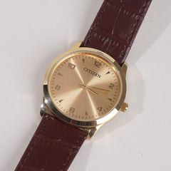 Men Wrist Watch Golden Dial With Maroon Strap C