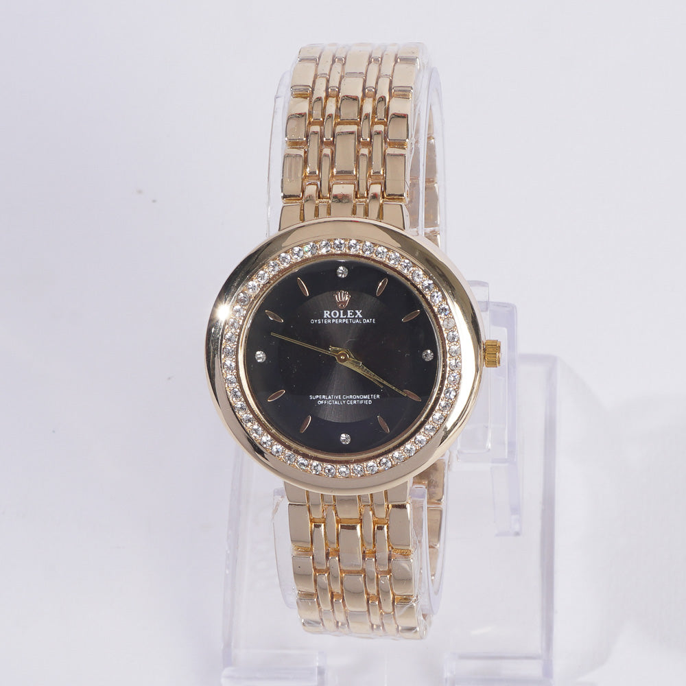 Women Chain Wrist Watch Golden With Black Dial R