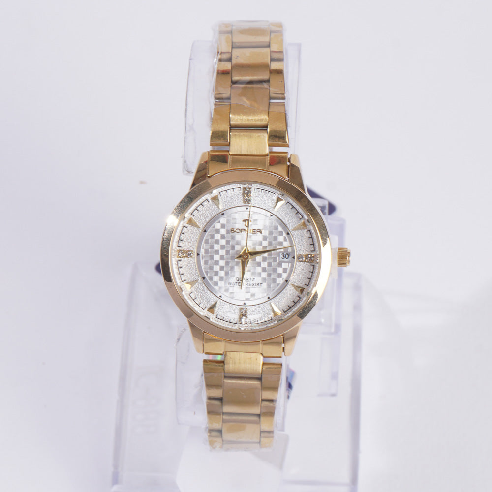 Women Stylish Chain Wrist Watch Golden With White Dial