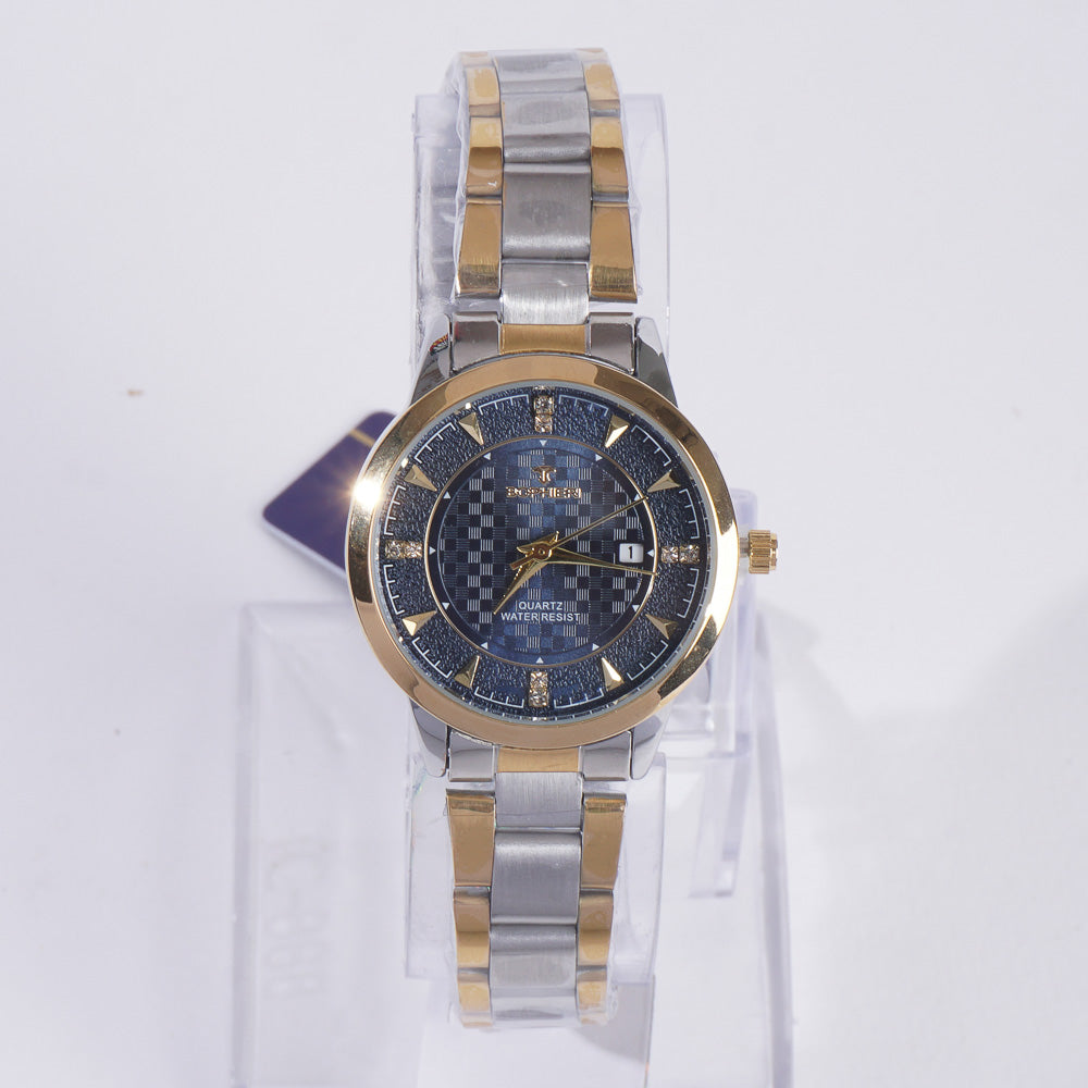 Two Tone Women Stylish Chain Wrist Watch With Black Dial