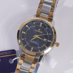 Two Tone Women Stylish Chain Wrist Watch With Black Dial