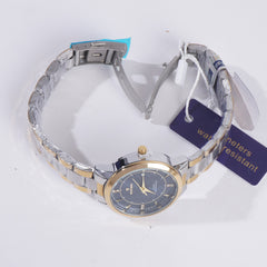 Two Tone Women Stylish Chain Wrist Watch With Black Dial