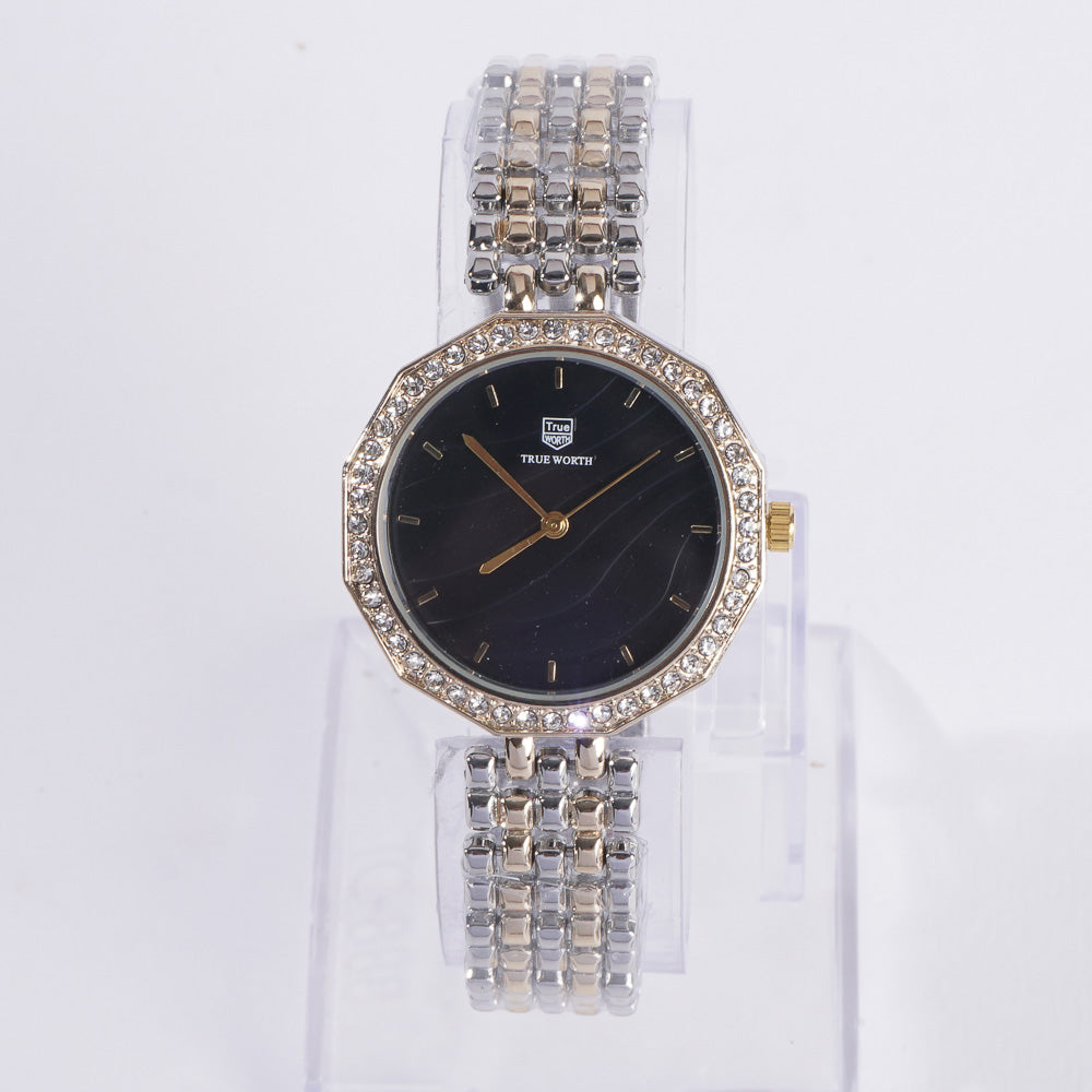 Two Tone Women Stylish Chain Wrist Watch Silver&Golden With Black Dial