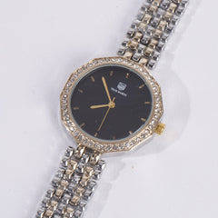 Two Tone Women Stylish Chain Wrist Watch Silver&Golden With Black Dial