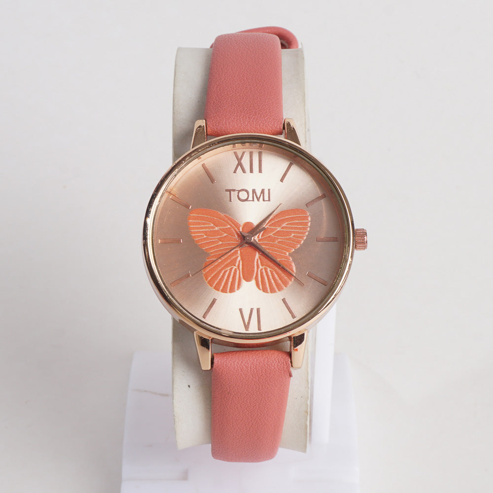 Pink Leather Strap Rose Dial Fashion TM203 Women Wrist Watch
