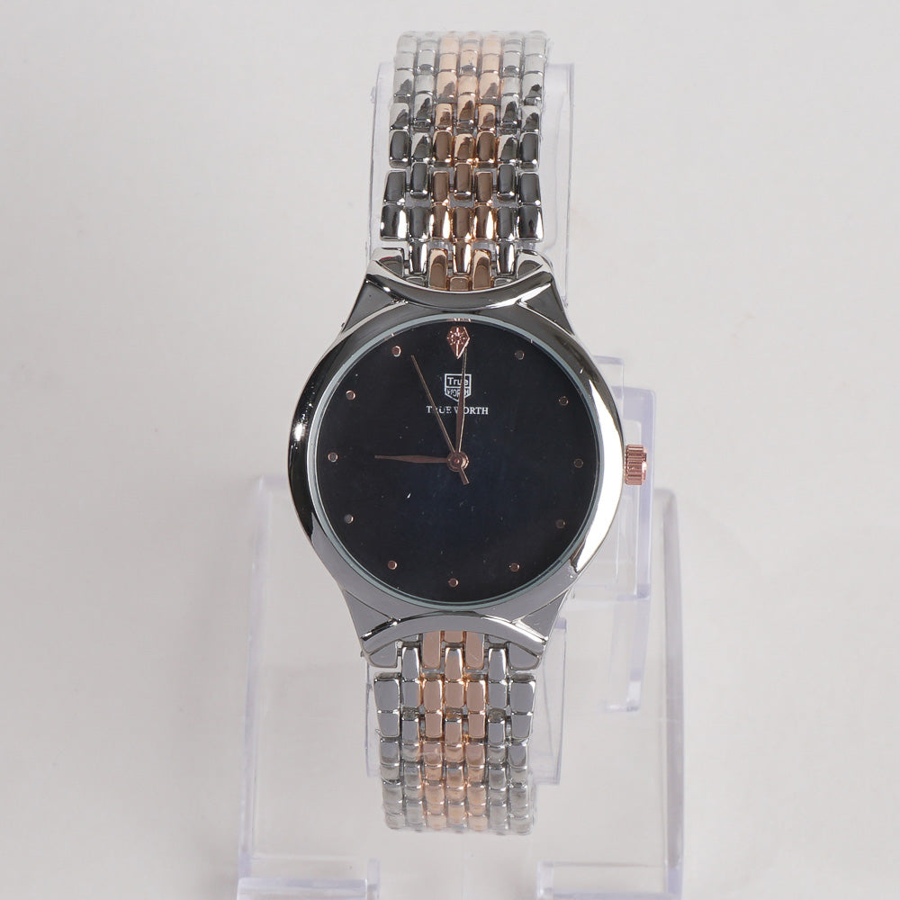 Two Tone Women Stylish Chain Wrist Watch Silver&Rosegold With Black Dial