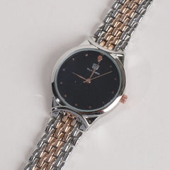 Two Tone Women Stylish Chain Wrist Watch Silver&Rosegold With Black Dial