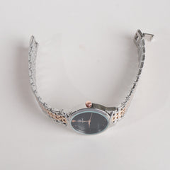 Two Tone Women Stylish Chain Wrist Watch Silver&Rosegold With Black Dial