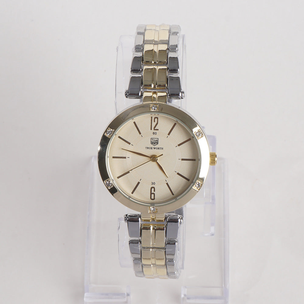 Two Tone Women Stylish Chain Wrist Watch Silver&Golden With Golden Dial