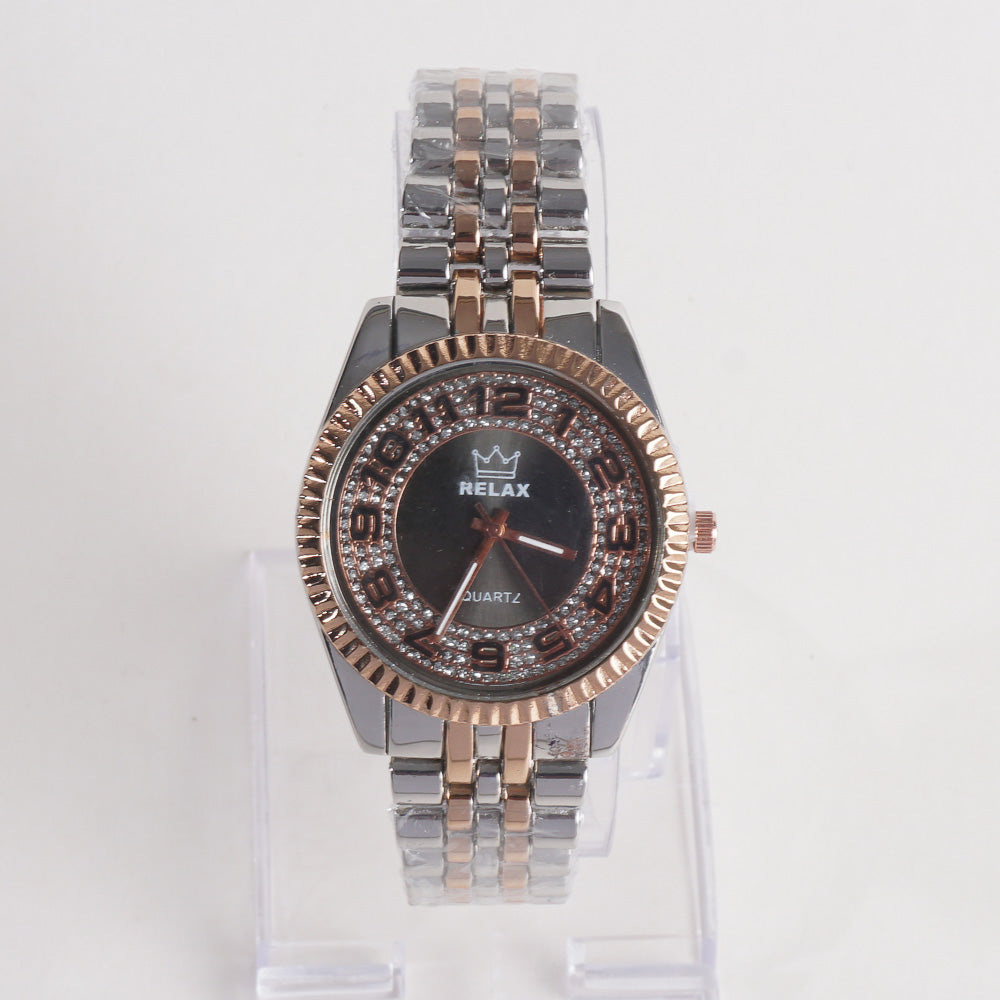 Two Tone Women Stylish Chain Wrist Watch Black Dial