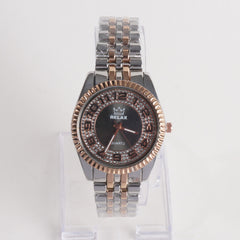 Two Tone Women Stylish Chain Wrist Watch Black Dial