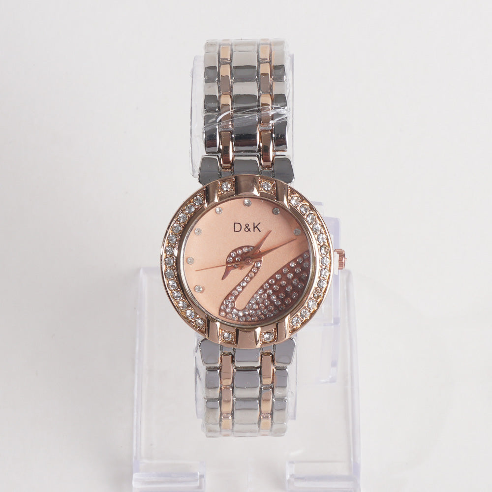 Two Tone Women Stylish Chain Wrist Watch Rosegold Dial