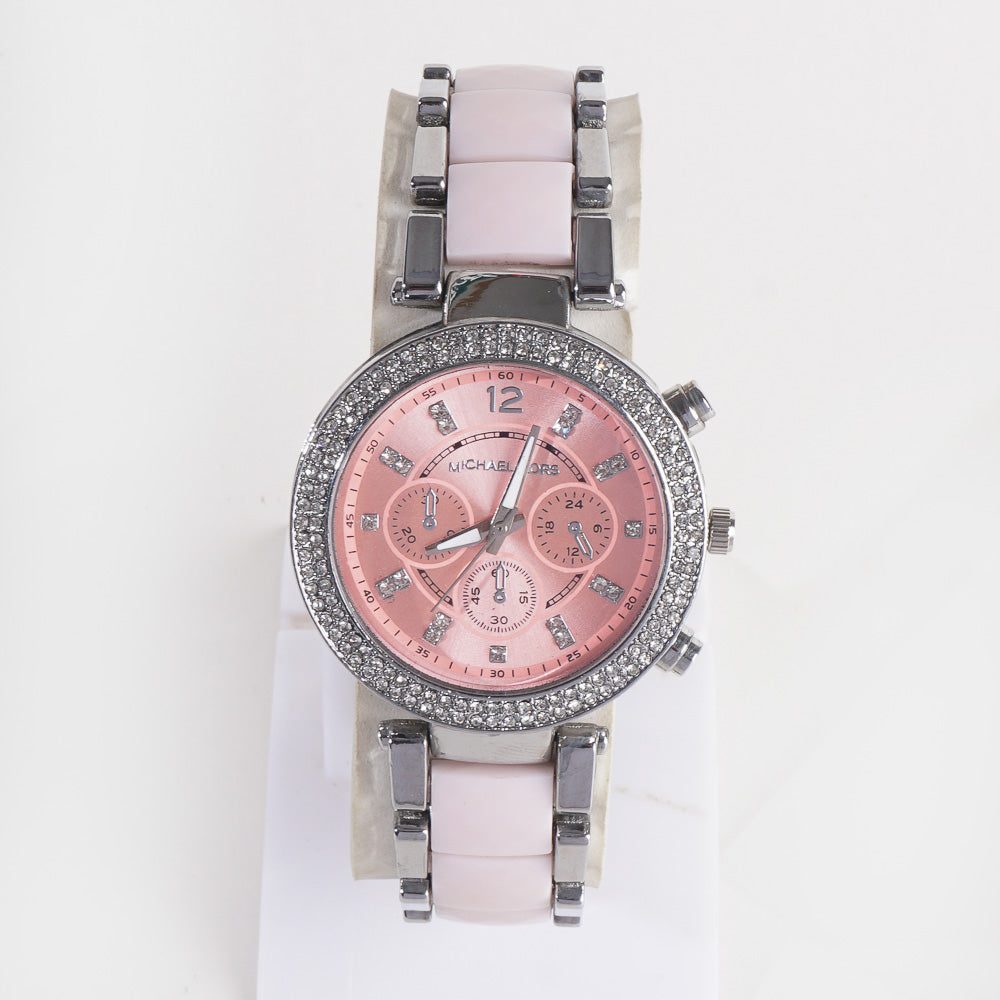 Women Chain Wrist Watch MK Silver Pink