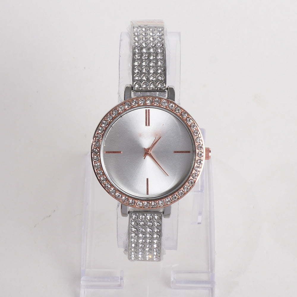 Two Tone Women Stylish Chain Wrist Watch Silver&Rosegold White Dial MK