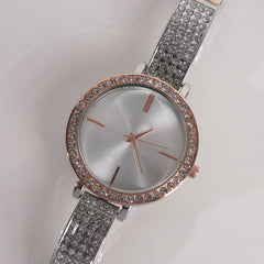 Two Tone Women Stylish Chain Wrist Watch Silver&Rosegold White Dial MK