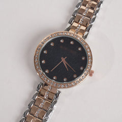 Two Tone Women Stylish Chain Wrist Watch Silver&Rosegold With Black Dial MK
