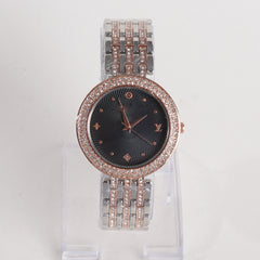 Two Tone Women Stylish Chain Wrist Watch Silver&Rosegold With Black Dial