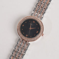 Two Tone Women Stylish Chain Wrist Watch Silver&Rosegold With Black Dial