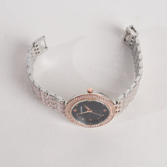 Two Tone Women Stylish Chain Wrist Watch Silver&Rosegold With Black Dial