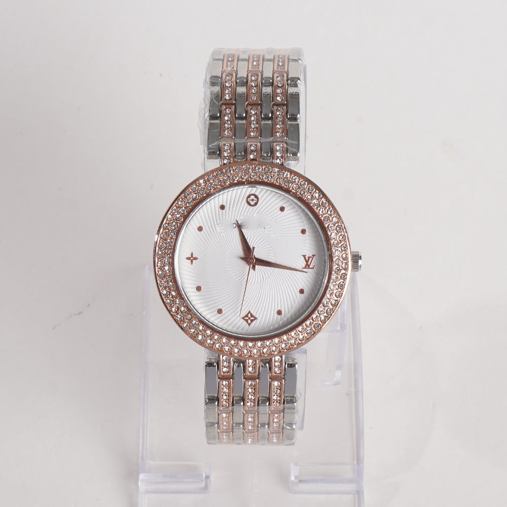 Two Tone Women Stylish Chain Wrist Watch Silver&Rosegold With White Dial