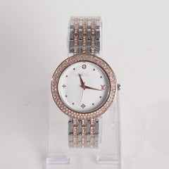 Two Tone Women Stylish Chain Wrist Watch Silver&Rosegold With White Dial
