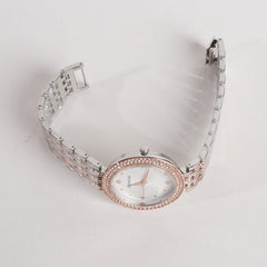 Two Tone Women Stylish Chain Wrist Watch Silver&Rosegold With White Dial