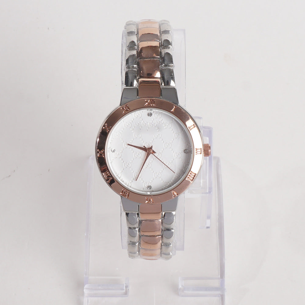 Two Tone Women Stylish Chain Wrist Watch Silver&Rosegold With White Dial G