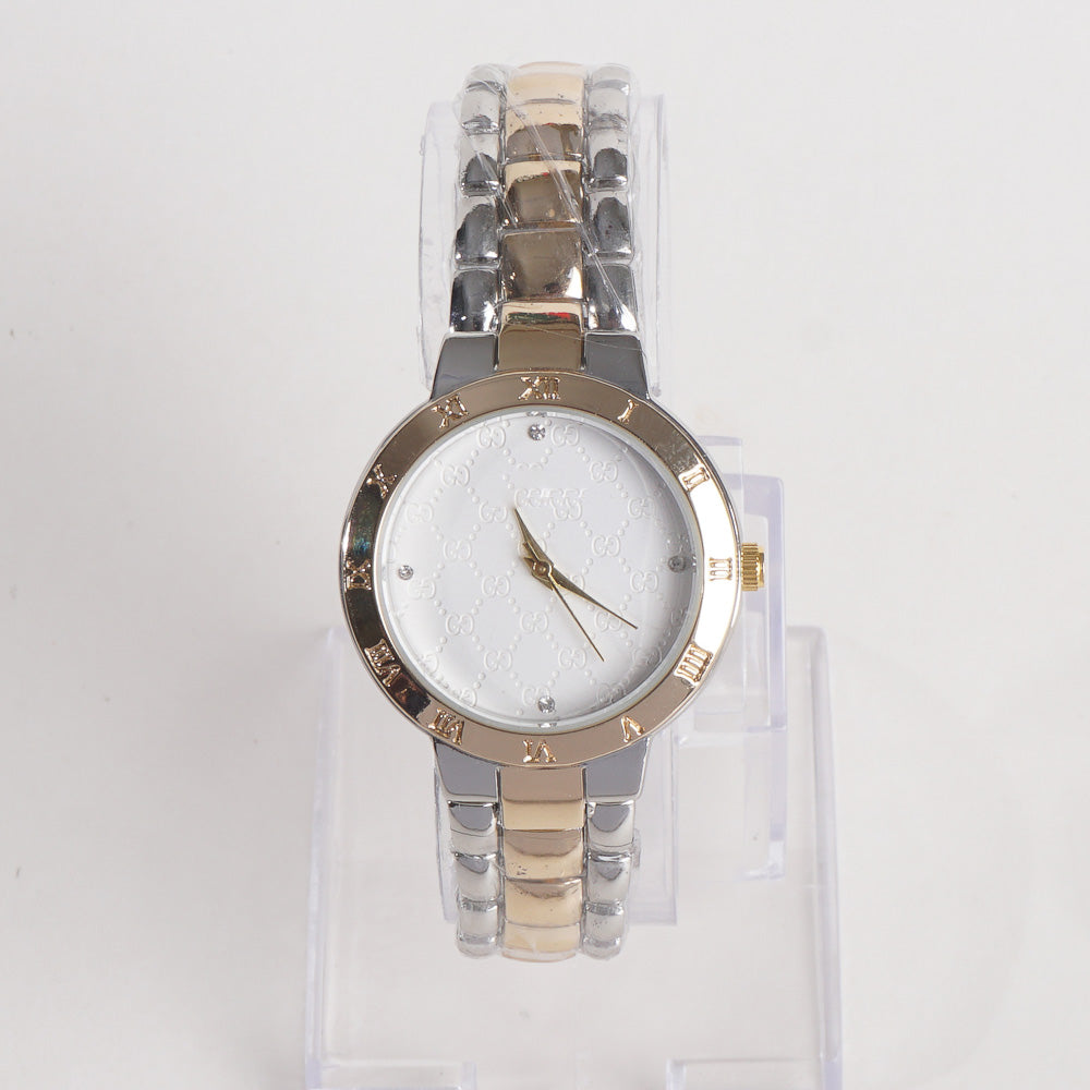 Two Tone Women Stylish Chain Wrist Watch Silver&Golden With White Dial G