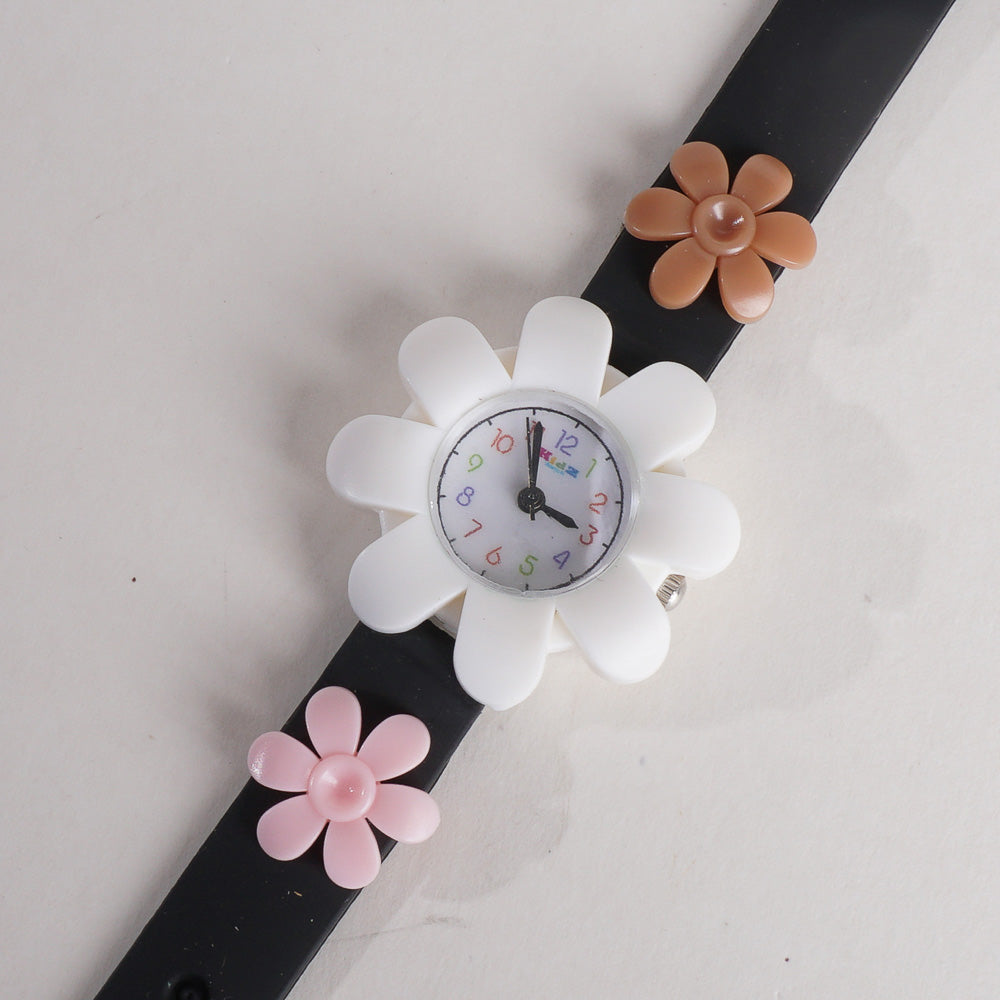 Rubber Strap Flower Dial Wrist Watch Black