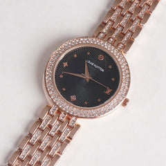 Women Stylish Chain Wrist Watch Rosegold With Black Dial